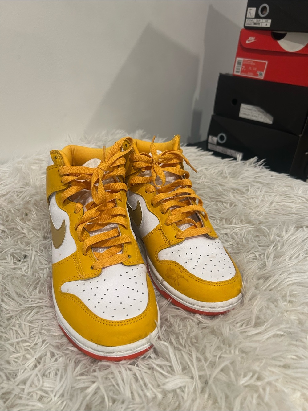 Nike Kids Yellow and White High-Top Sneakers with Gold Swoosh